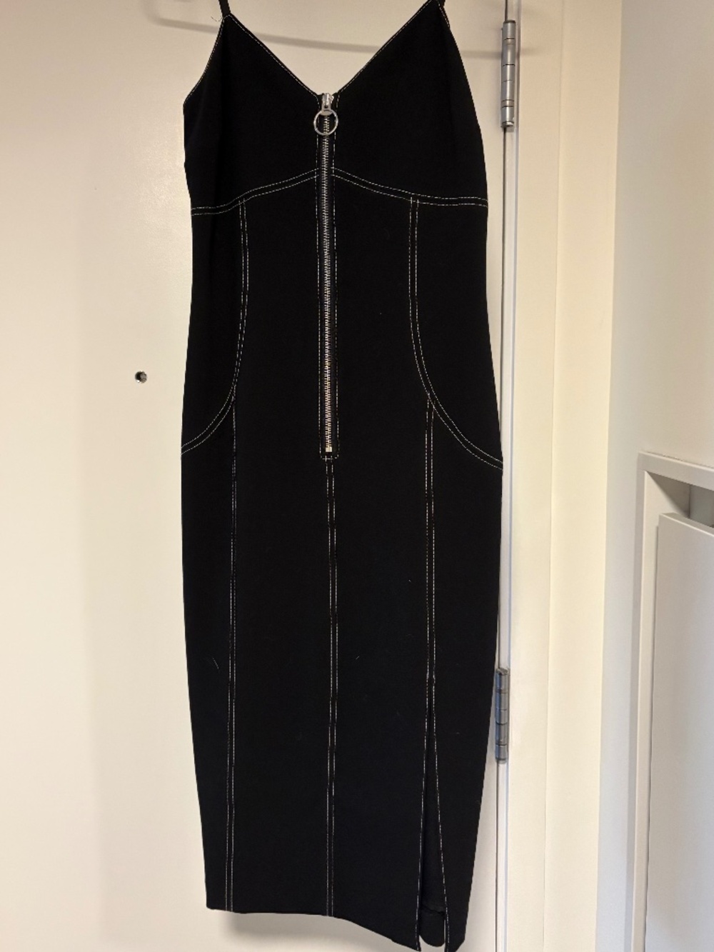 Marciano Black Zip Front Midi Dress Contrast Stitch Bodycon Spaghetti Strap